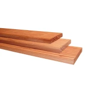 Douglas geprofileerd dekdeel. 1 zijde grof profiel. 1 zijde glad. 2.5x14.5x400 cm onbehandeld