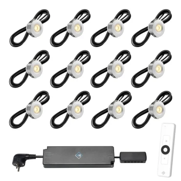 Set spots aluminium, 12 stuks Inclusief trafo, afstandsbediening en kabel van 5 meter
