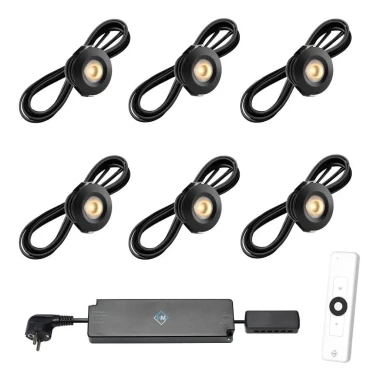 Set spots zwart, 6 stuks Inclusief trafo, afstandsbediening en kabel van 5 meter