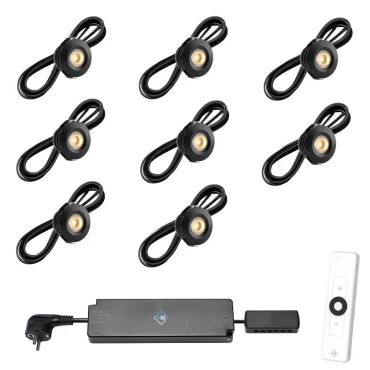 Set spots zwart, 8 stuks Inclusief trafo, afstandsbediening en kabel van 5 meter