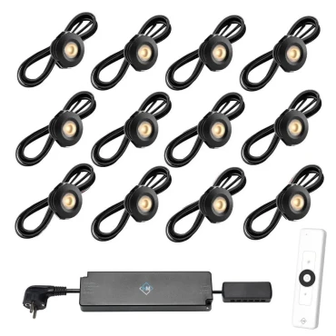 Set spots zwart, 12 stuks Inclusief trafo, afstandsbediening en kabel van 5 meter