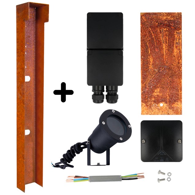 Tuinpaal - pro+ dubbel met spot, kabeldoos, afdekkap en installatiedraad cortenstaal