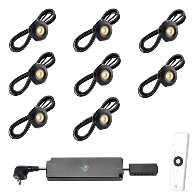 Set spots zwart, 8 stuks Inclusief trafo, afstandsbediening en kabel van 5 meter