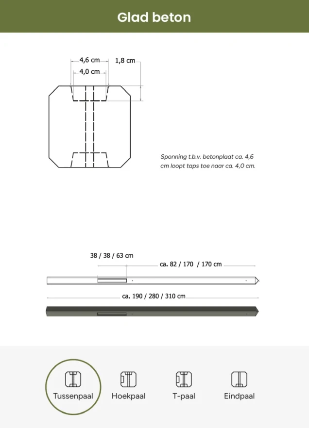 Betonpaal glad met diamantkop 10x10x190 cm, antraciet gecoat, tussenpaal t.b.v. scherm 90 cm hoog