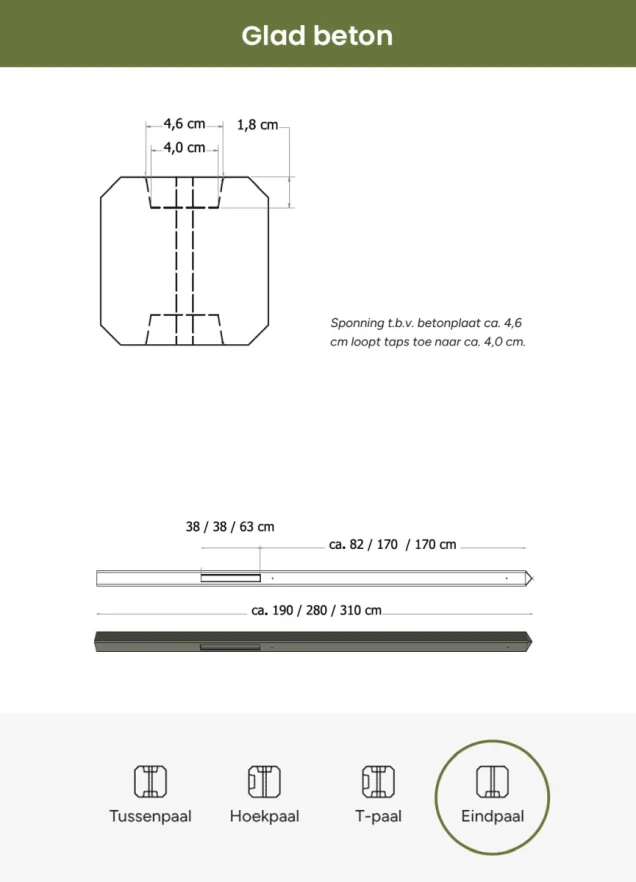 Betonpaal glad met diamantkop 10x10x280 cm, antraciet ongecoat, eindpaal