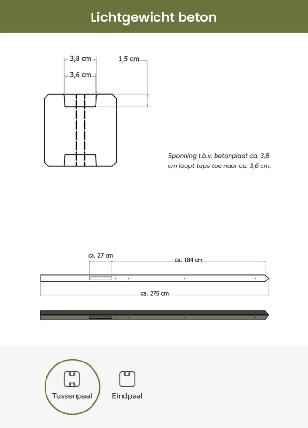 Lichtgewicht betonpaal met diamantkop ongecoat 8.5x8.5x280 cm, tussenpaal, grijs