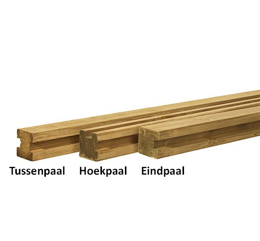 Grenen sleufpaal 8.8x8.8x270 cm, t.b.v. 28 mm profielplanken, eindpaal, groen geïmpregneerd